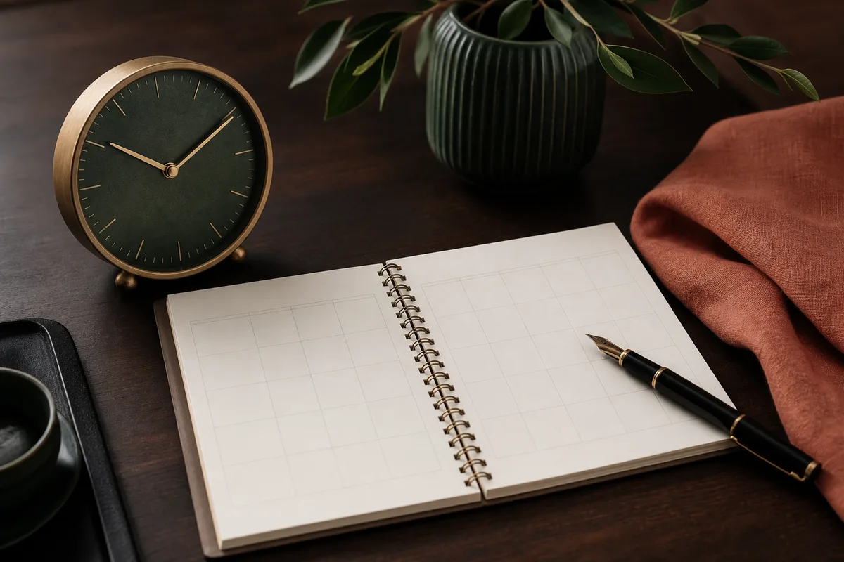 Orologio, agenda e penna per le informazioni organizzative