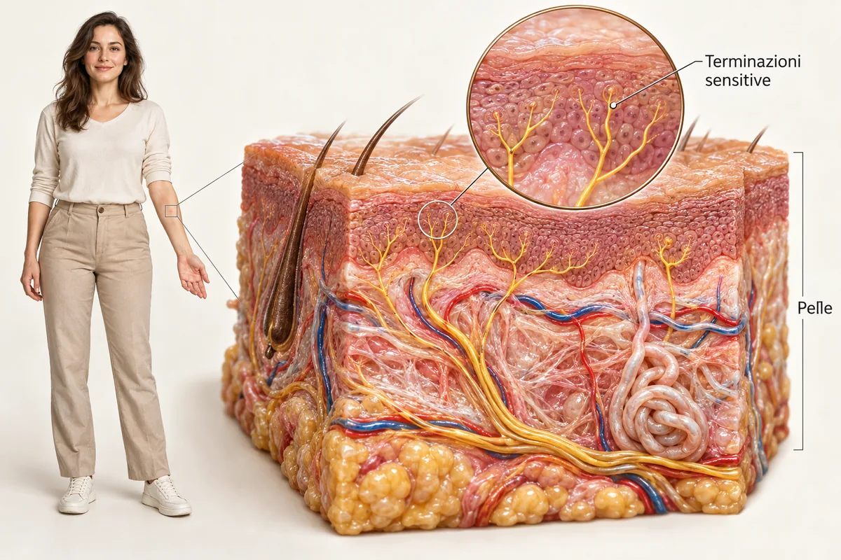 Corpo umano con ingrandimento della pelle e delle terminazioni sensitive