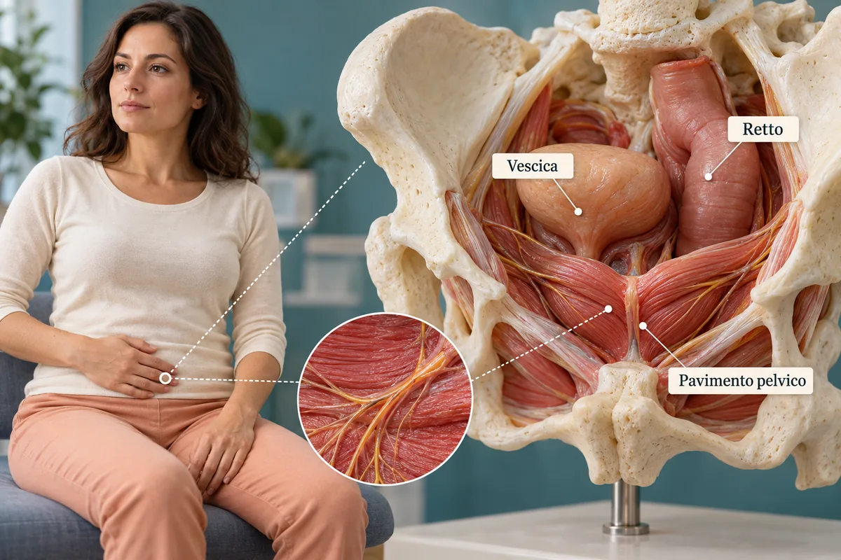 Donna adulta con modello ingrandito del pavimento pelvico