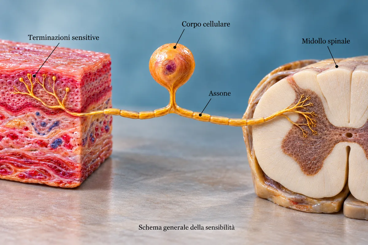 Terminazioni sensitive, corpo cellulare, assone e midollo spinale