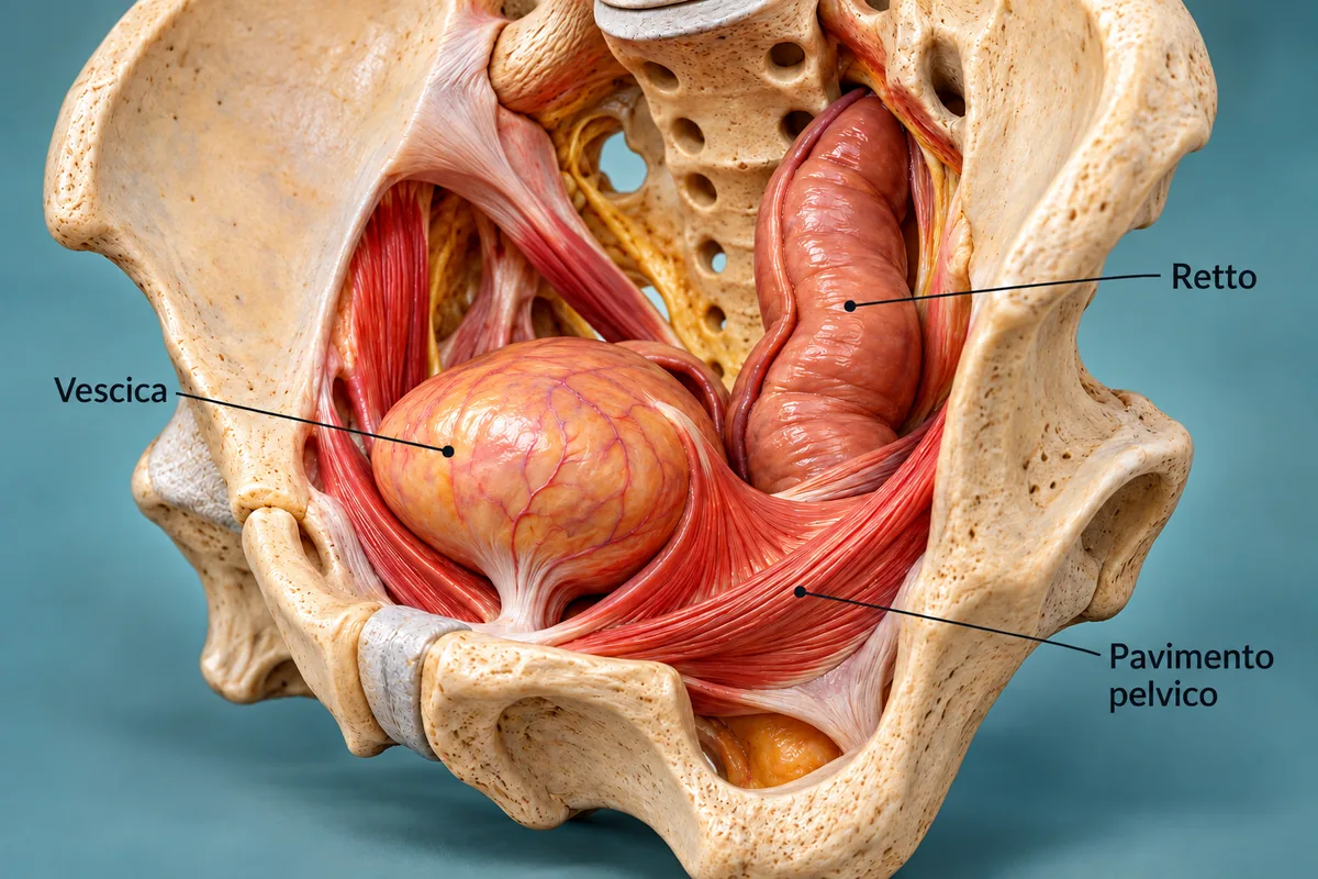 Modello anatomico del bacino con vescica, retto e pavimento pelvico